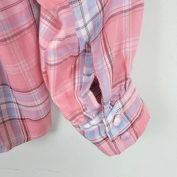 Bobeau Pink Blue Ruffle Button Down Long Sleeves Plaid Babydoll Shirt Size XS - Picture 10 of 12
